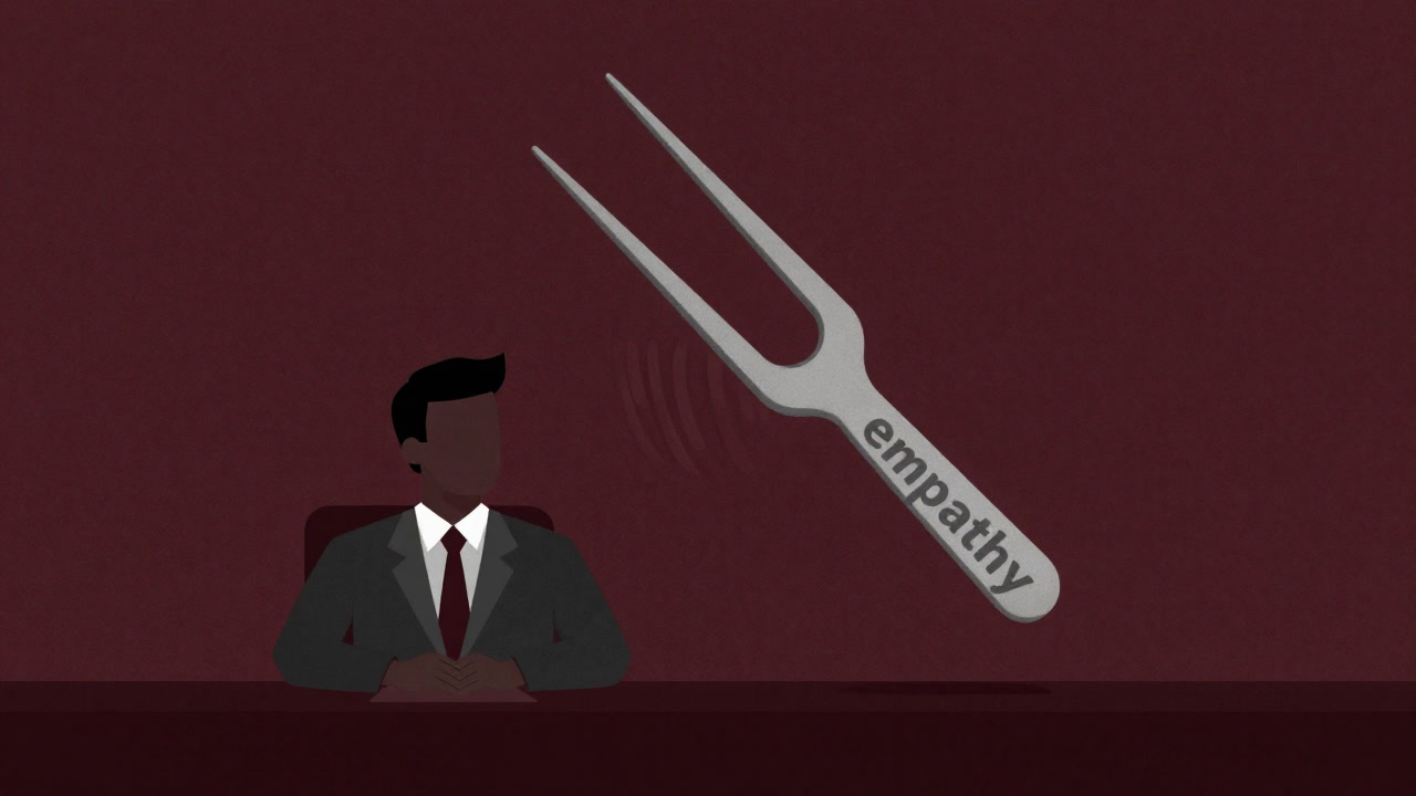 Illustration of a giant tuning fork labeled empathy vibrating a blank-faced businessperson’s mind.