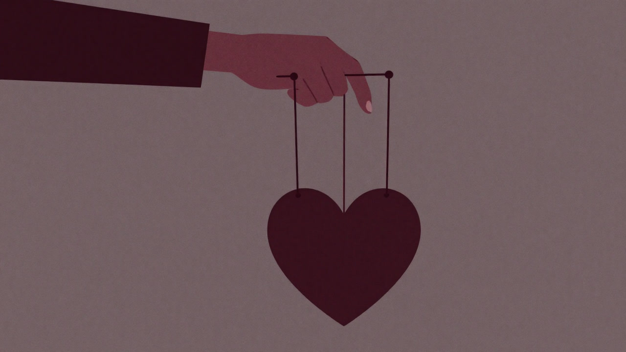 ハートの糸を操るマリオネットのように、人々の胸を揺さぶる指先だけが描かれたイラスト