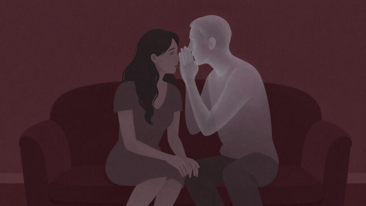 ソファで並ぶカップルの横で、幽霊のような第三者が囁く不思議な場面を捉えたイラスト