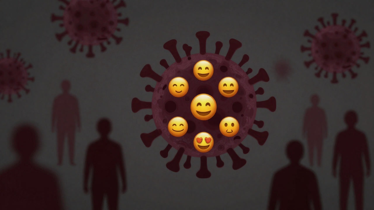 笑顔が伝染していくように人々に蔓延する感情ウイルスをイメージしたイラスト