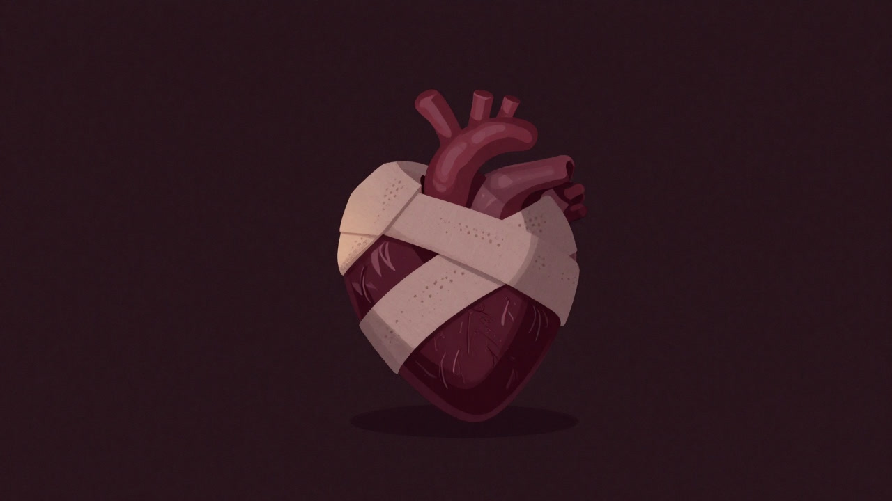 包帯を巻かれた心臓のイラストが暗闇でほのかに光る