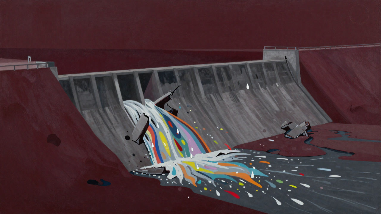 堤防のように破壊されたダムから涙と感情が溢れ出し、周囲を水浸しにしている様子を抽象的に表現したイラスト