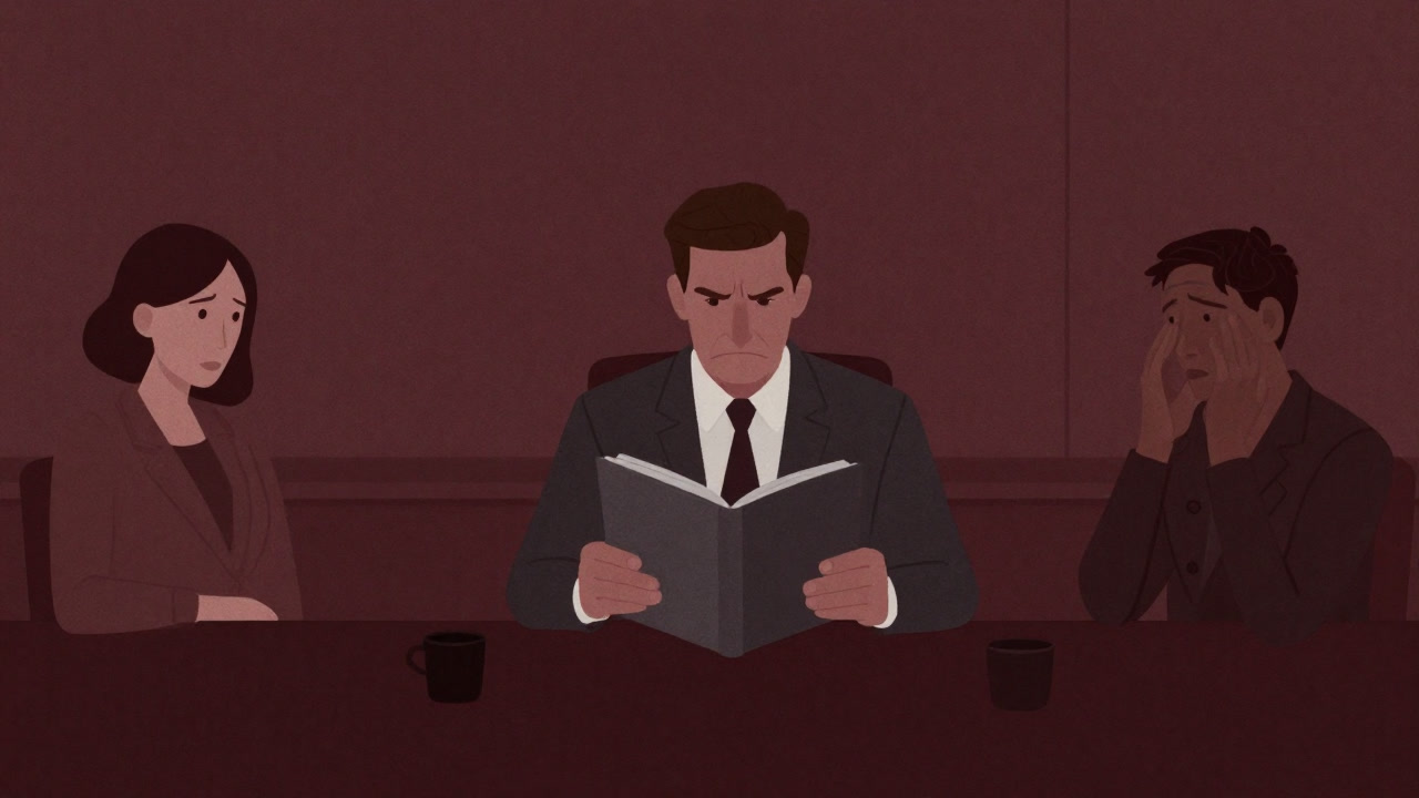 Illustration of an executive furrowing brows trying to read participants' emotions in a business meeting.