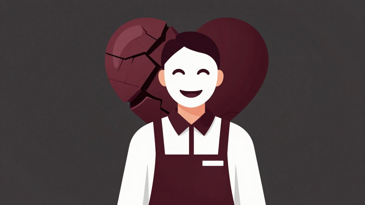 笑顔の仮面をかぶりながら背後の心がひび割れているサービス業の従業員の画像