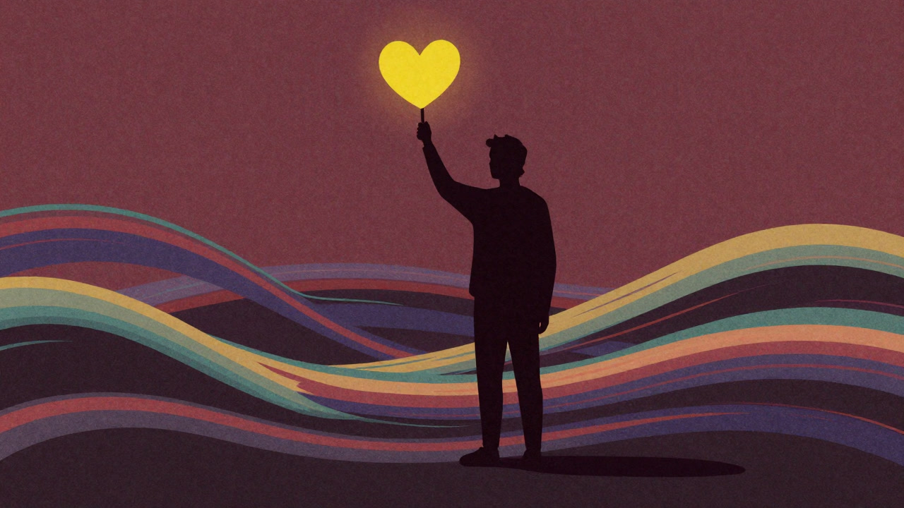 黄色いハートのアンテナを持ち、感情の波を拾おうと必死にキャッチしようとする人間のシルエット