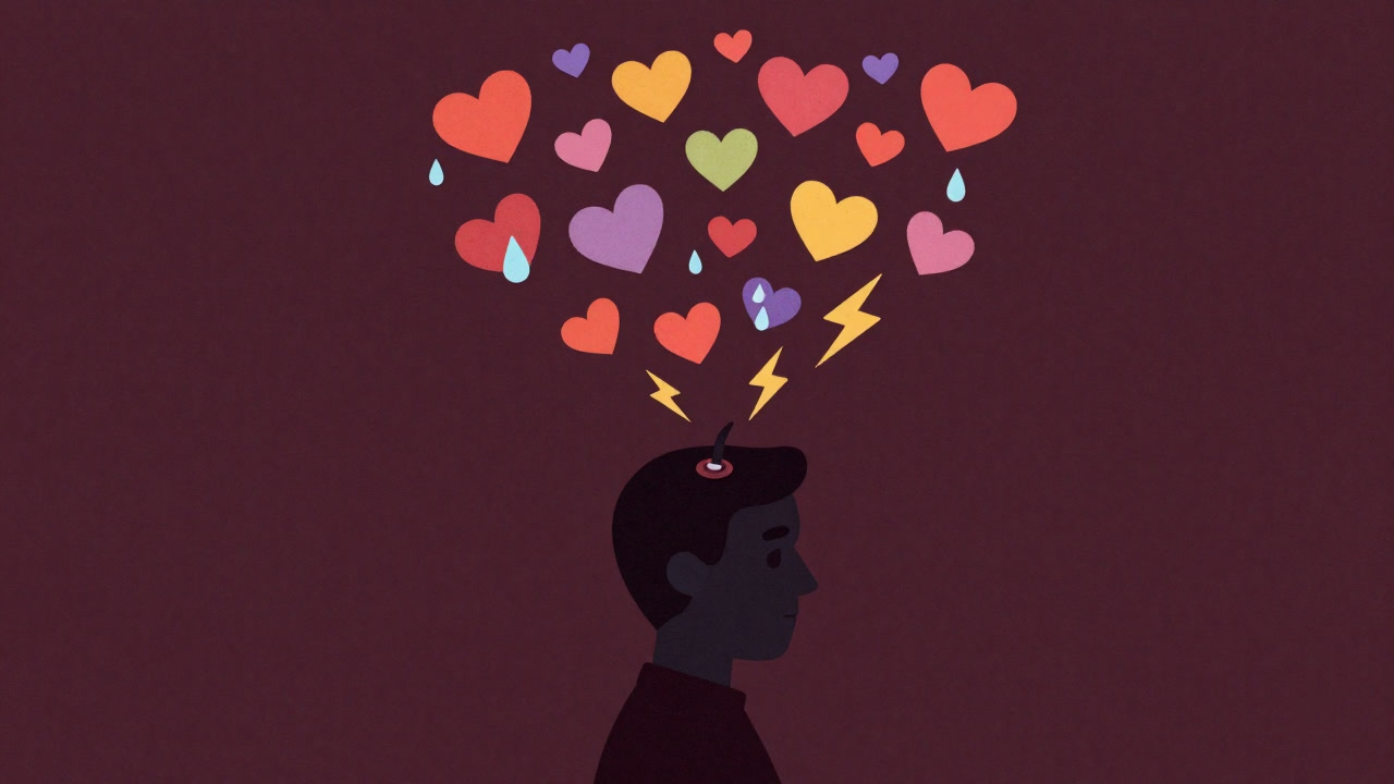 人物が小さなボタンを押して心の中に感情の嵐を巻き起こすイラスト