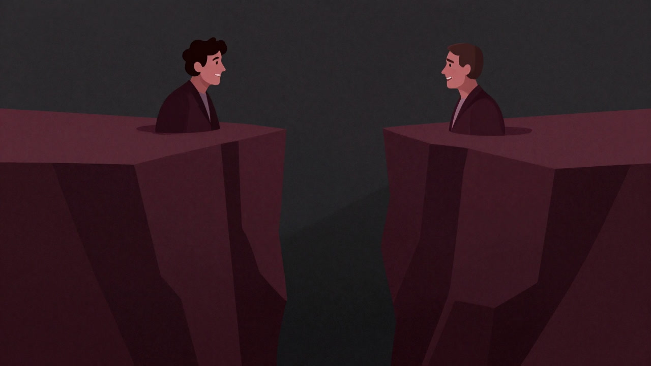 Illustration of two people smiling and talking while a large chasm looms in the background