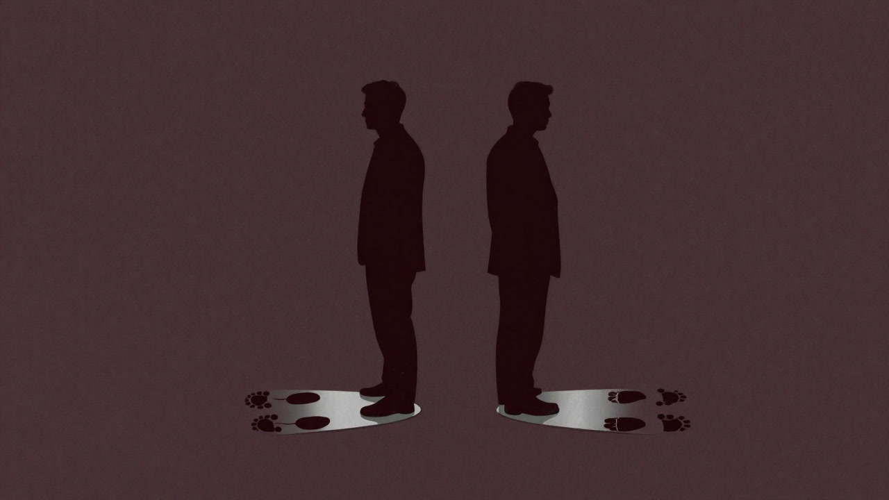 Illustration of two people standing back to back peering at each other's mirrored footprints