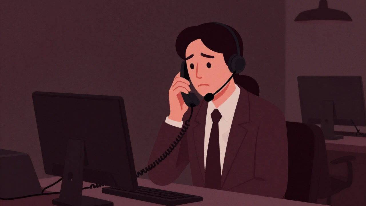An EAP hotline operator holding a phone anxiously in a softly lit office.