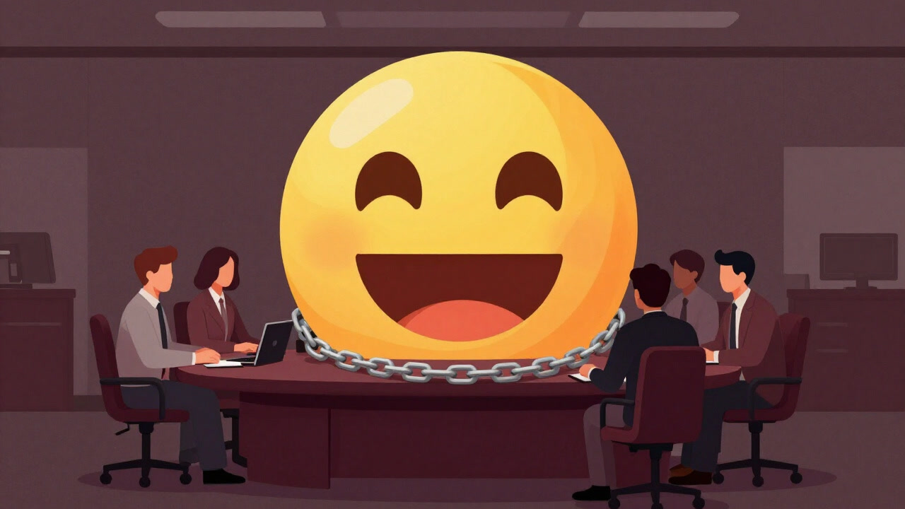 Illustration of employees chained to a smiling emoji on office desks