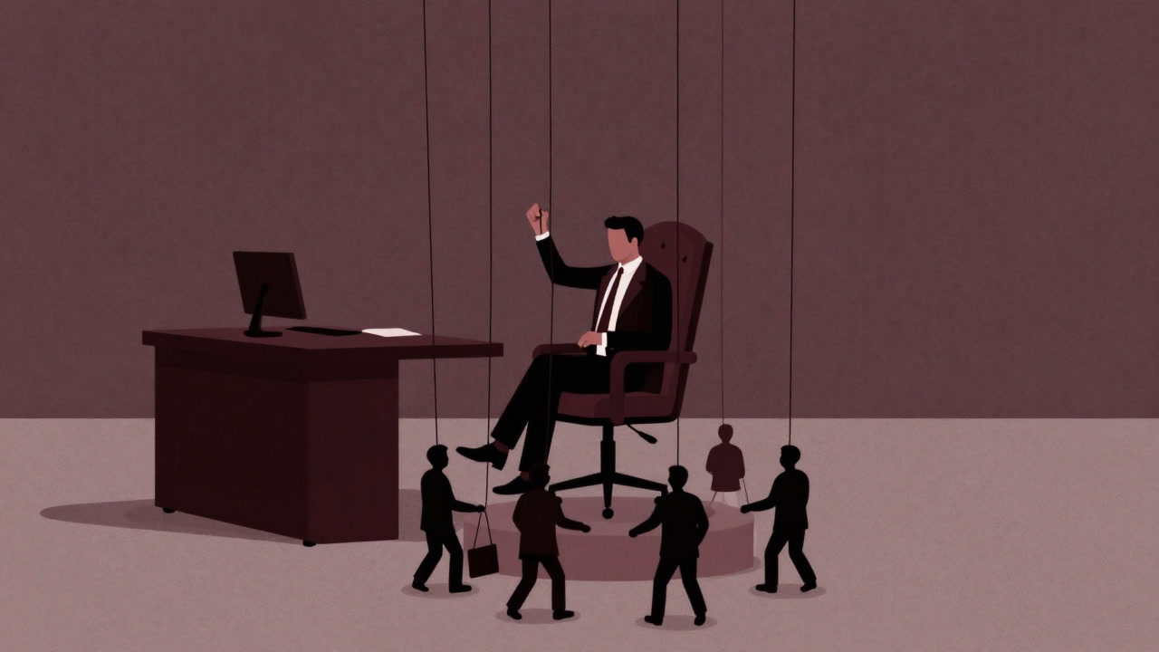 A suited figure lounging in a high office chair, looking down at desks below as if controlling them with puppet strings