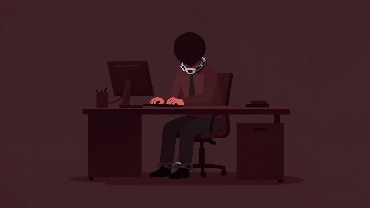 デスクと人材派遣の鎖に繋がれ、無感動にキーボードを叩く労働者の姿