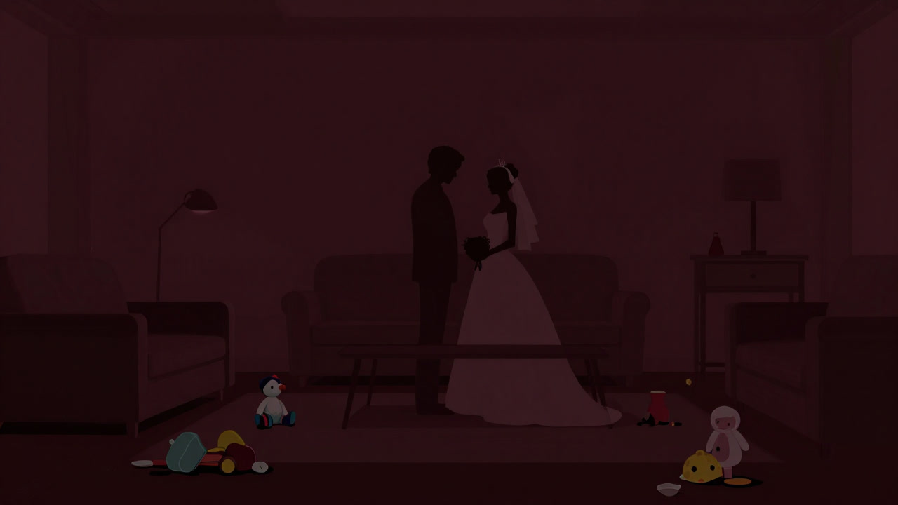 子供の使わなくなったぬいぐるみが残るリビングに、新郎新婦のシルエットが佇むシーン