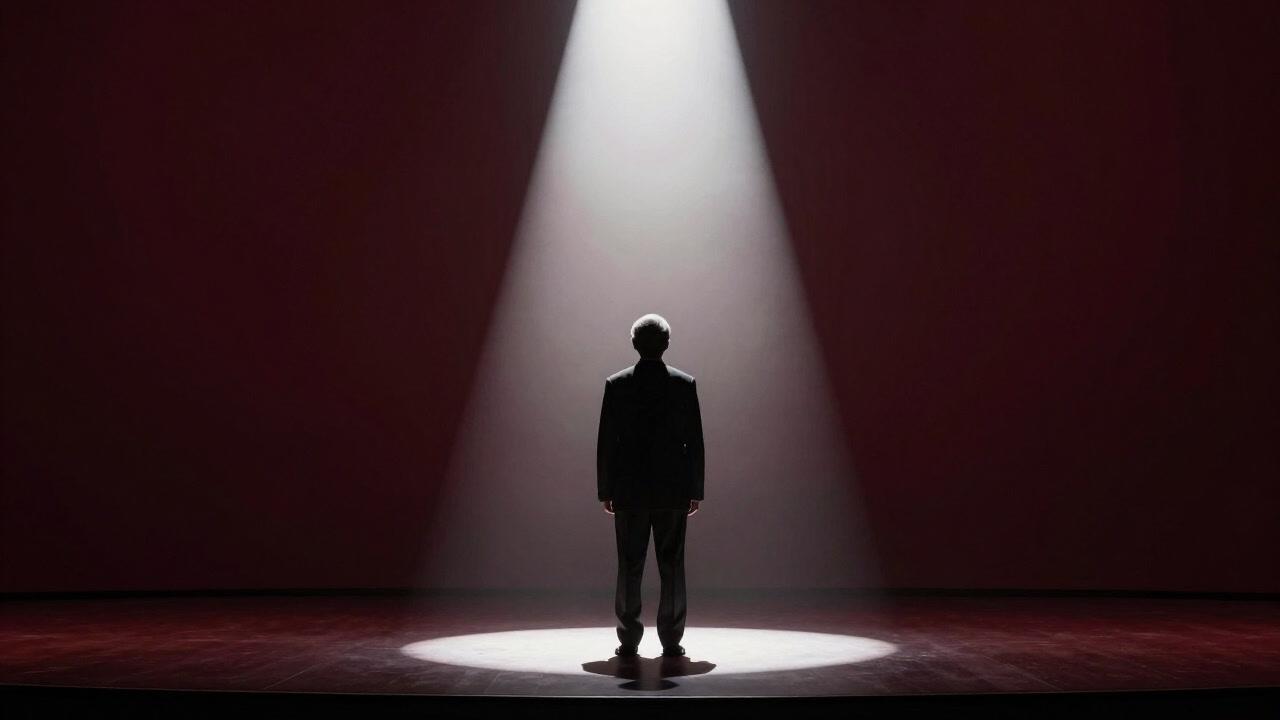 Silhouette of a middle-aged person forced onto a stage post-retirement, under harsh lighting
