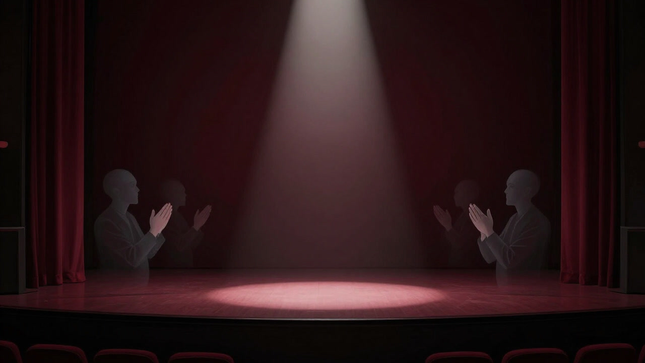 Illustration of an empty stage with only a spotlight remaining, ghostly applause swirling around