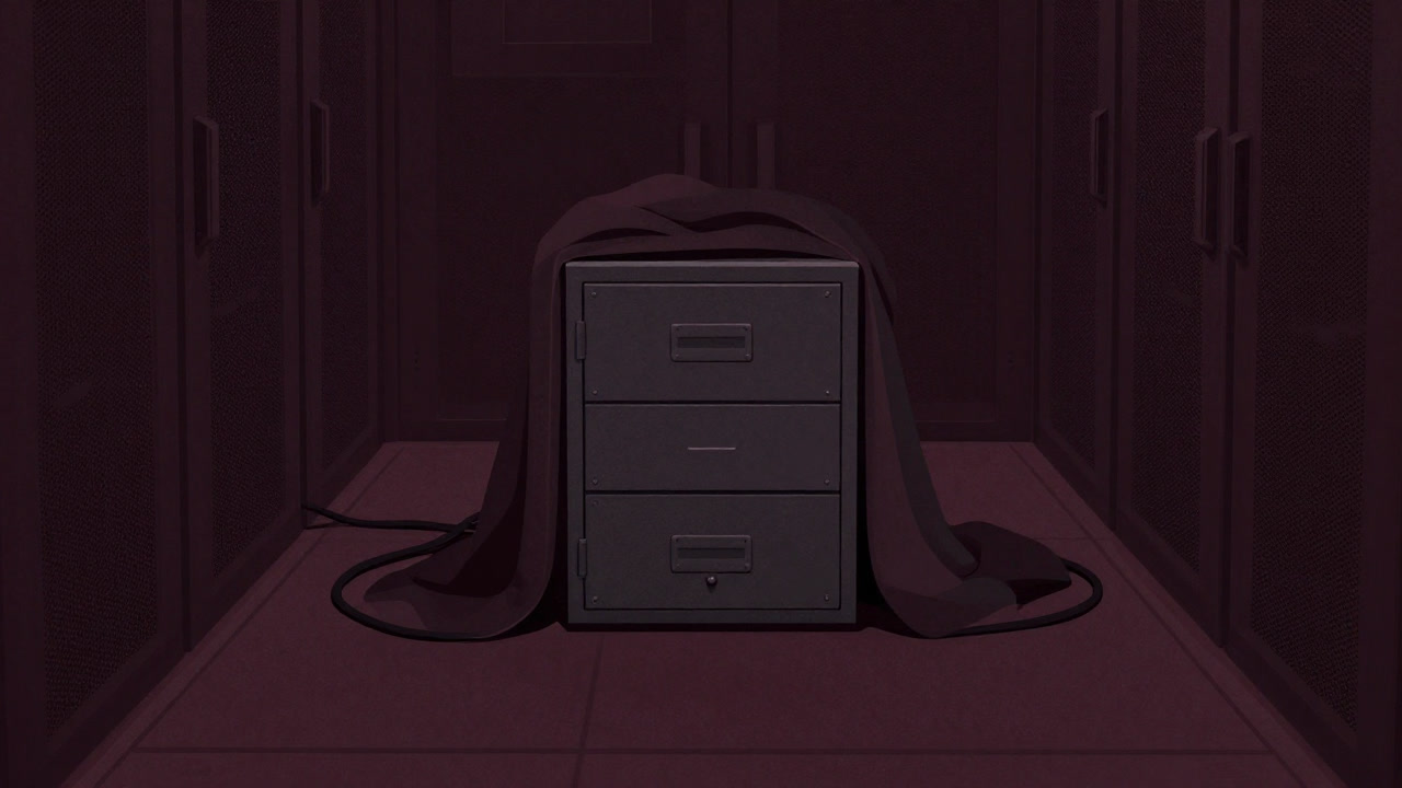 An image of a data storage box tucked into a blanket of cables in a dimly lit server room at night.