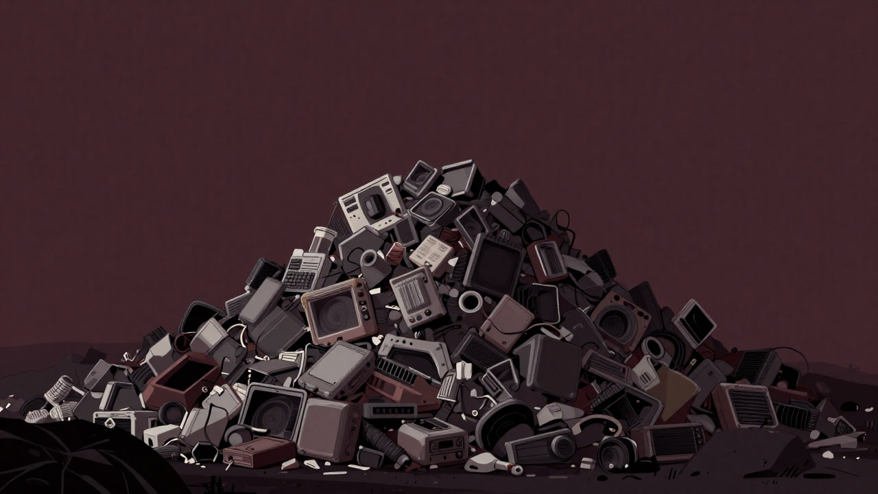 廃棄場に積み重なった山のようなゴミと化した古い家電製品のイラスト