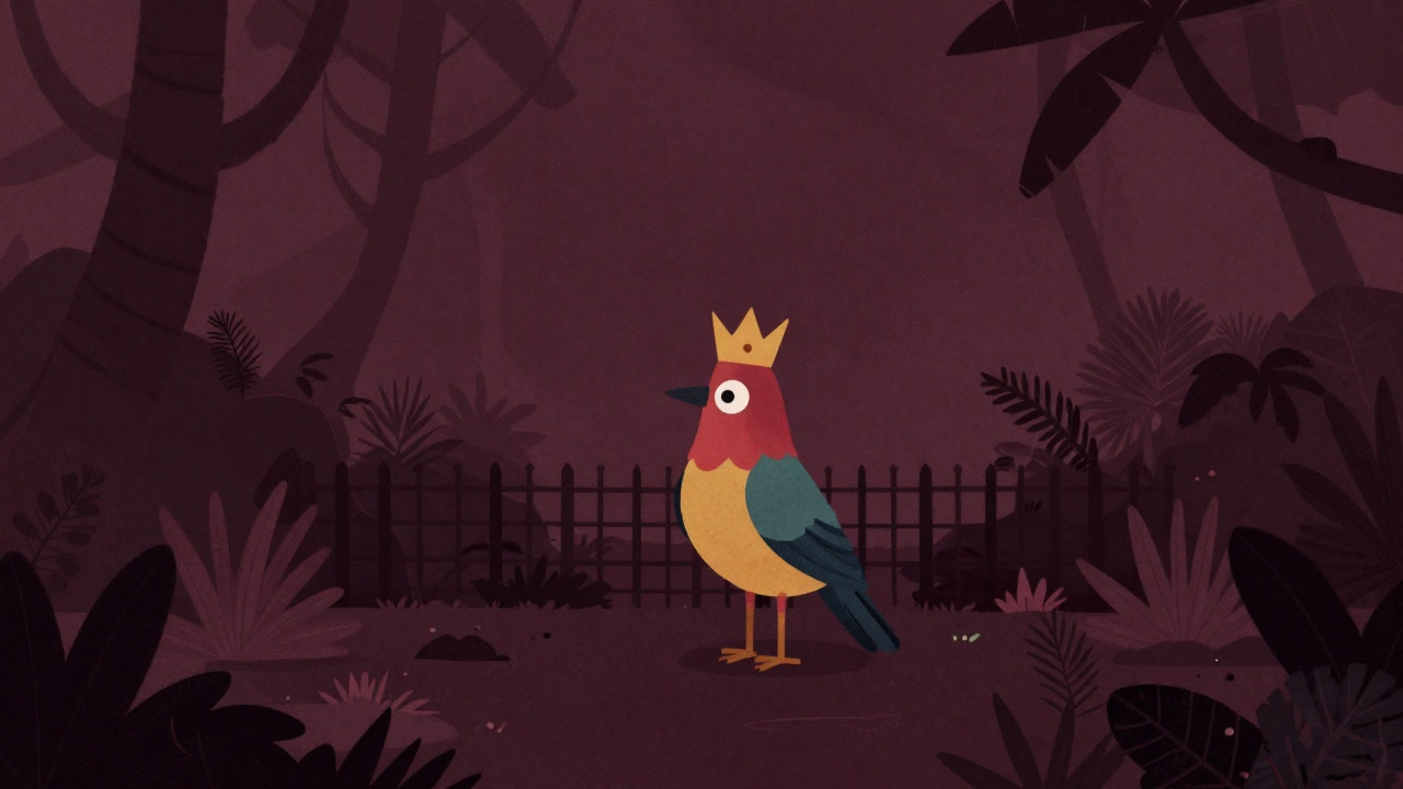 小島の密林で一匹で覇を唱えるカラフルな固有種の鳥のイラスト