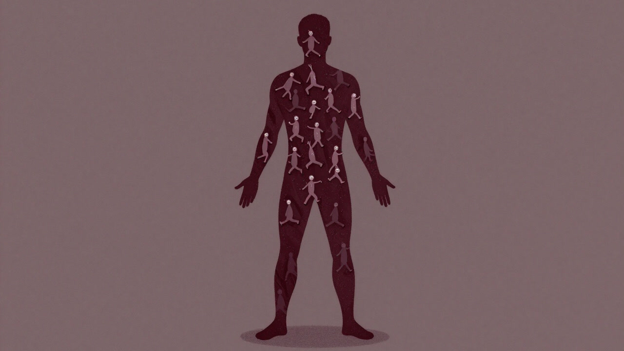 人体の輪郭の中で、無数のホルモンを象徴する小さなキャラクターが行進するイラスト