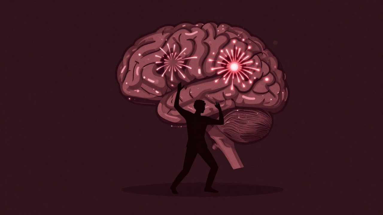 脳内で花火のように弾ける光彩を背景に、はしゃぐ人間のシルエット