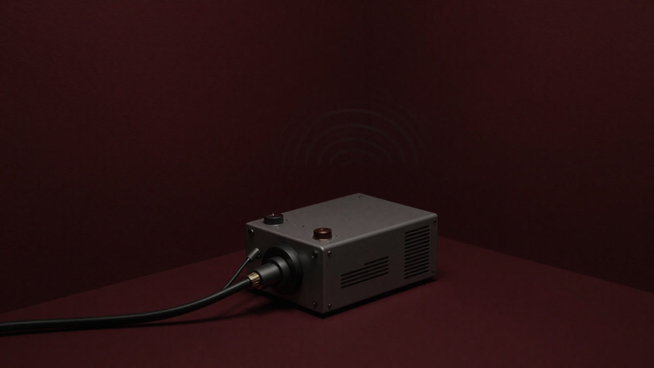 Close-up of a tiny energy harvesting device in a dim lab corner, capturing faint vibrations