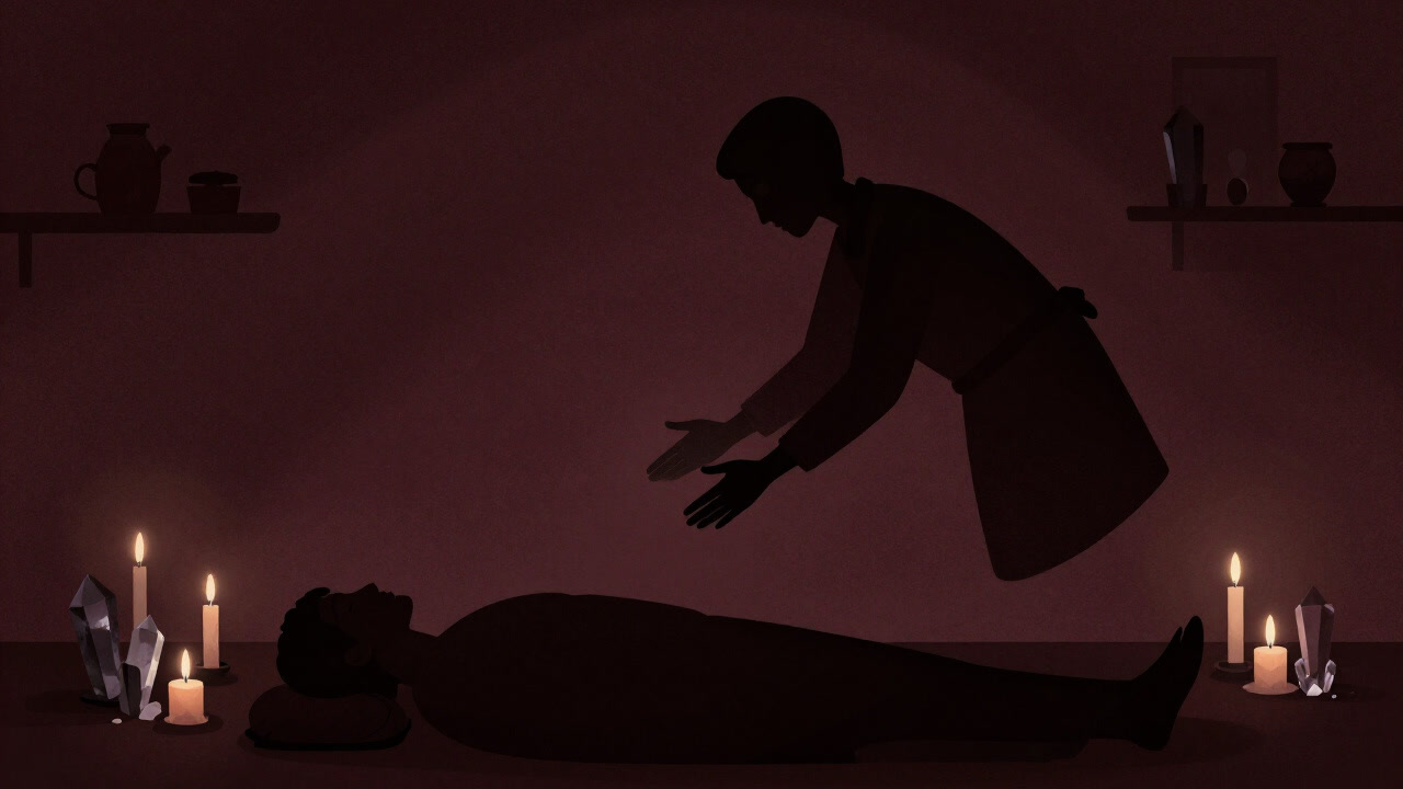 キャンドルとクリスタルに囲まれ、手をかざすヒーラーのシルエット画像