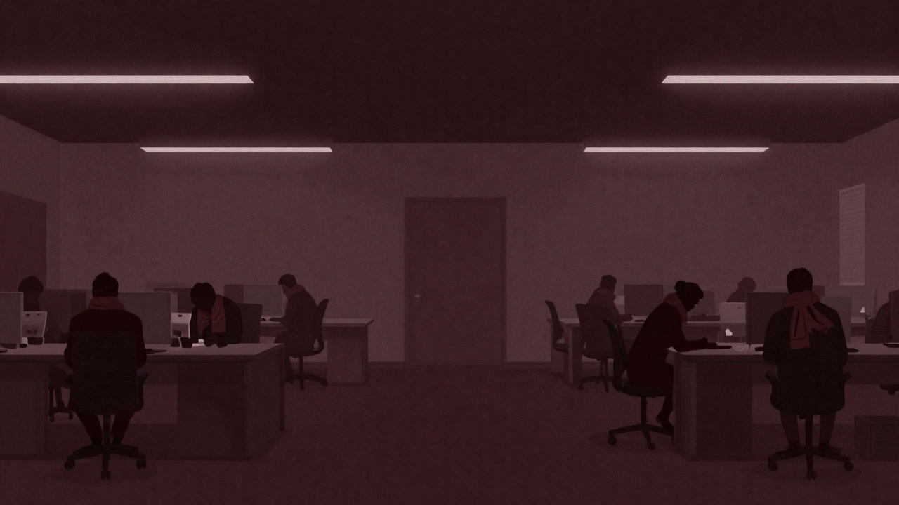 薄暗いオフィスでLEDライトだけがかすかに光り、冬の寒さに縮こまる社員たちのシルエット