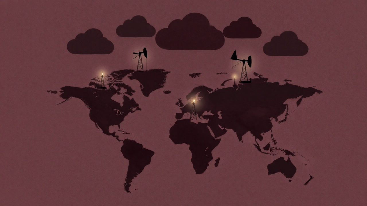 A map of the world lit by oil fields and blackout icons under a gathering storm