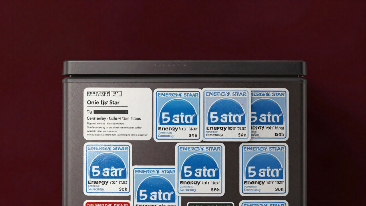 Close-up image of an appliance plastered with Energy Star certification stickers