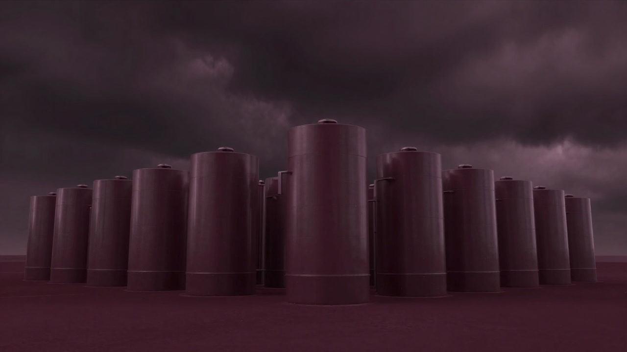 巨大なバッテリー群が曇り空の下でただ積み上げられている風景