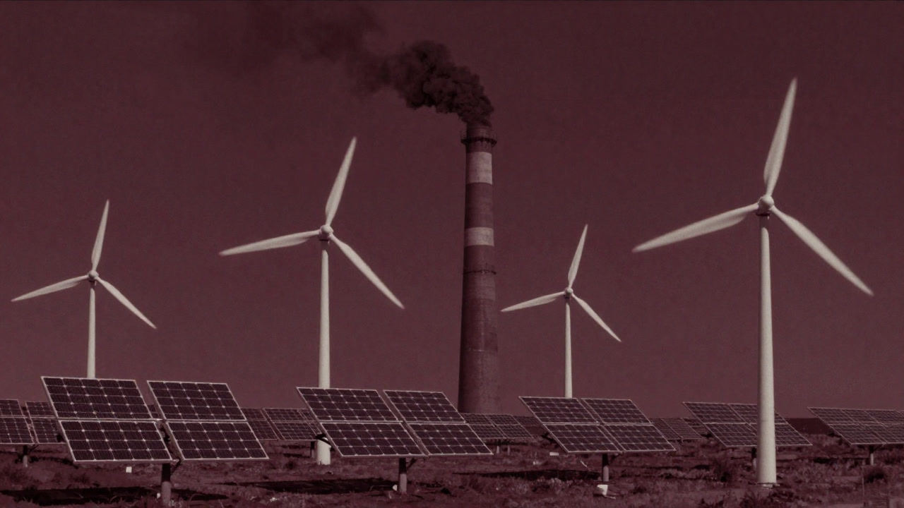 An unstable landscape surrounded by wind turbines and solar panels with a smokestack looming in the background.