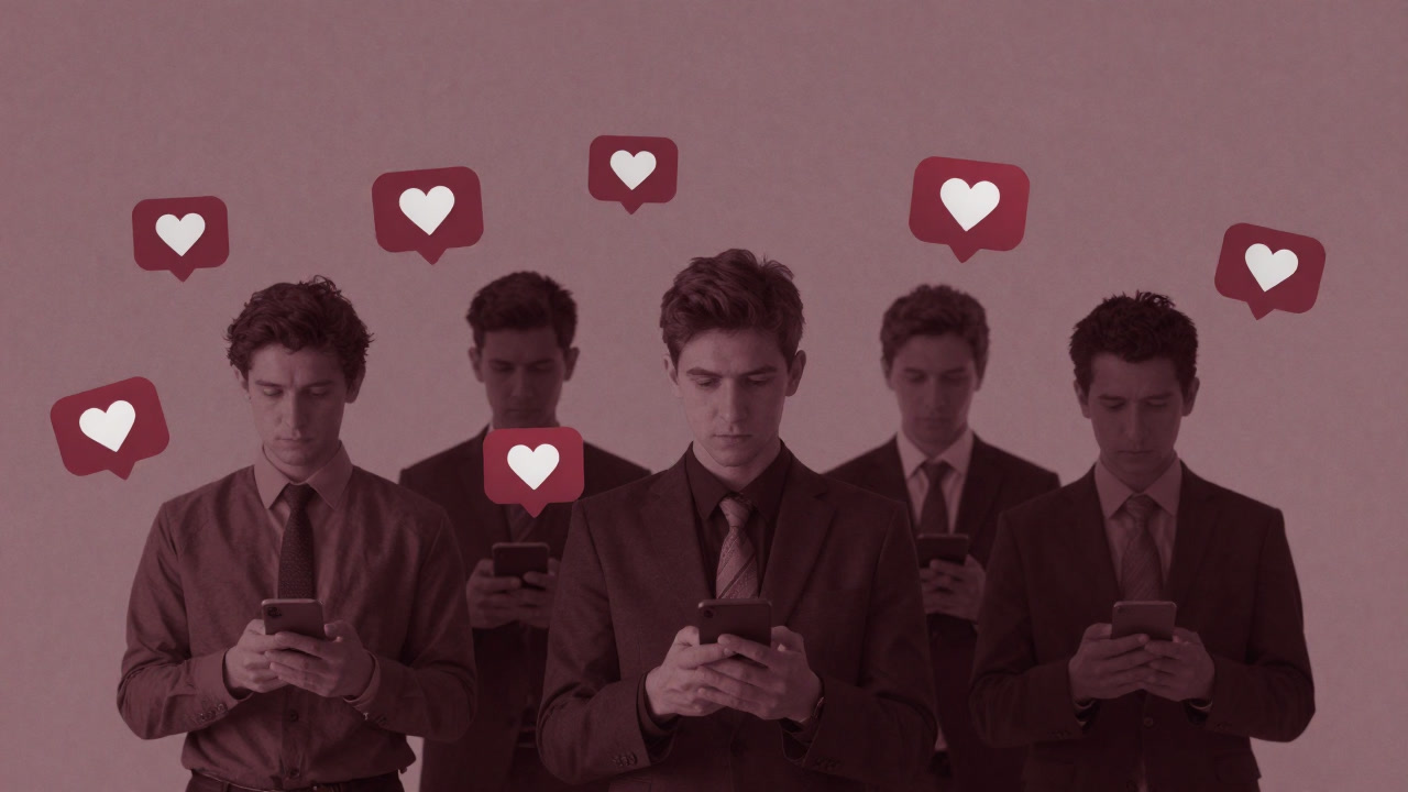 Illustration of people surrounded by SNS likes and heart icons, staring blankly at their smartphones