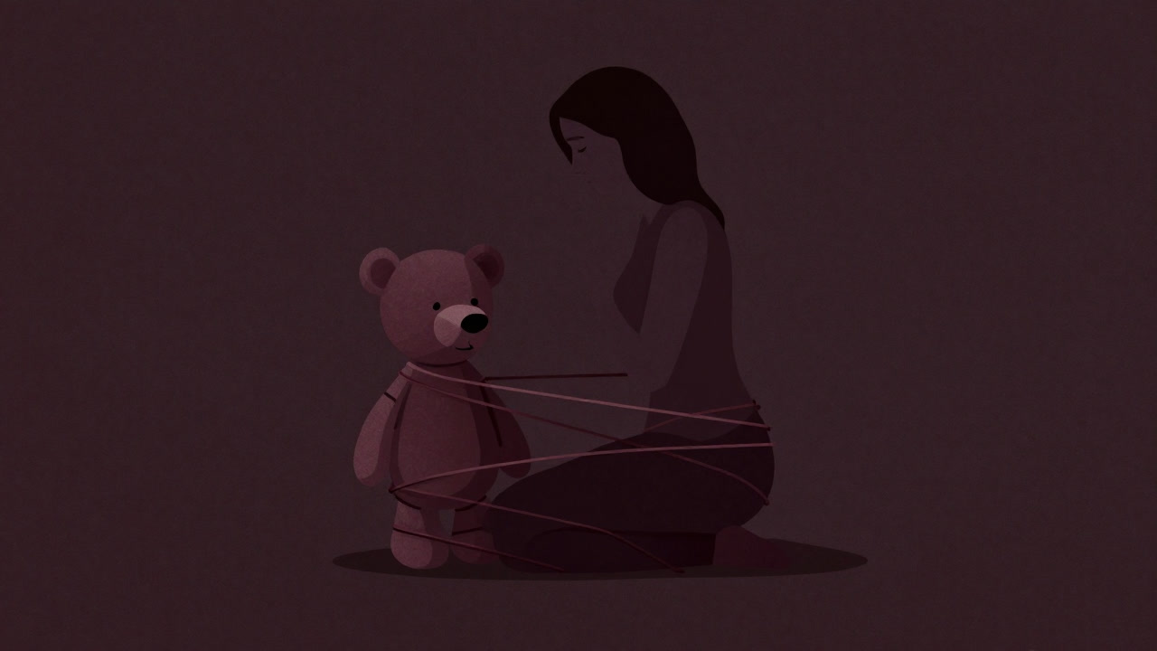 母親と子が糸で繋がれた巨大ぬいぐるみのように一体化しているアートワーク