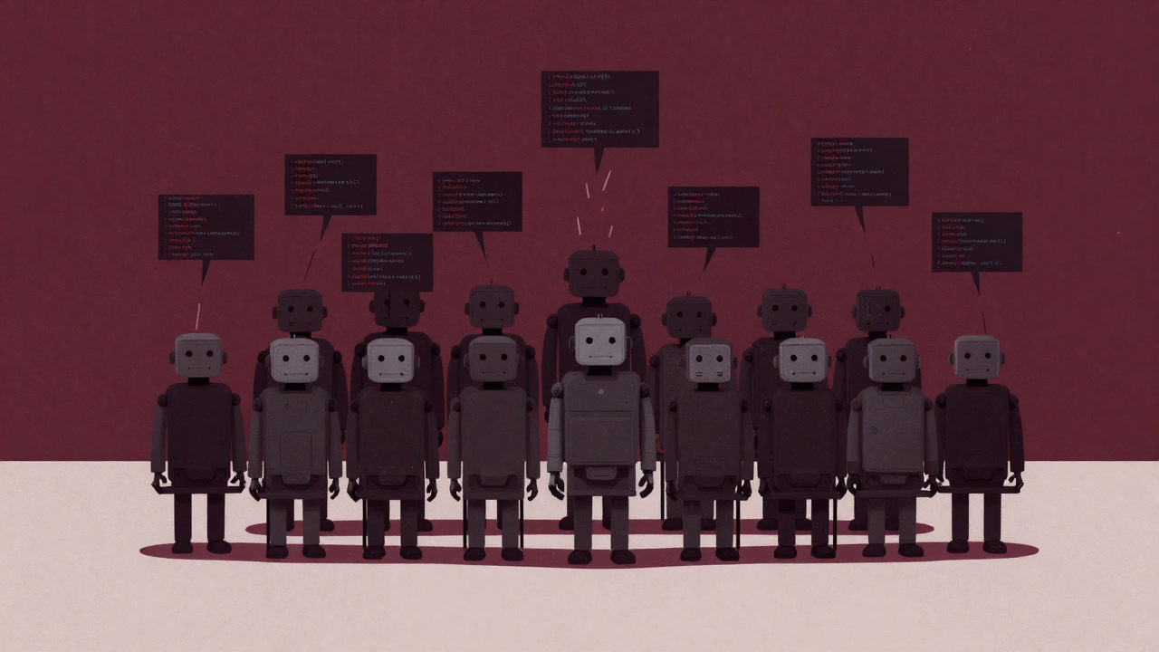 Satirical illustration of multiple small learning models gathered like a choir, bathed in a chaotic rain of code.