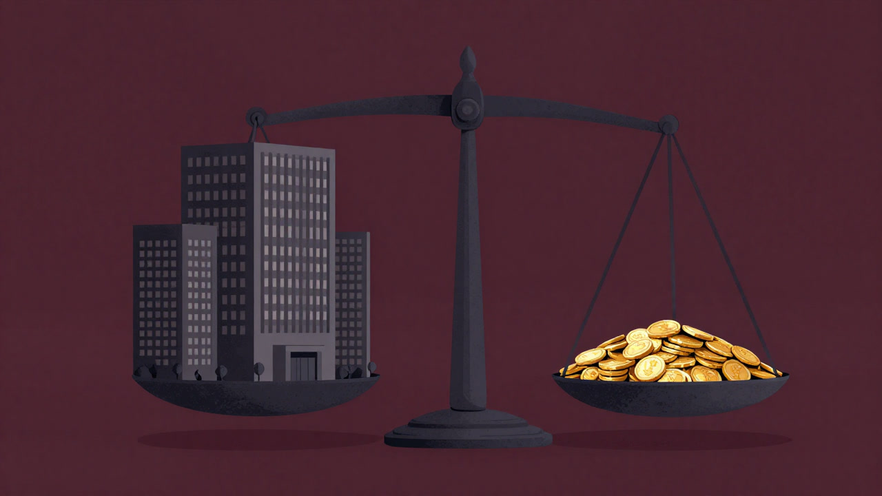 Illustration of a giant corporation on one side of a scale and a pile of gold coins on the other.
