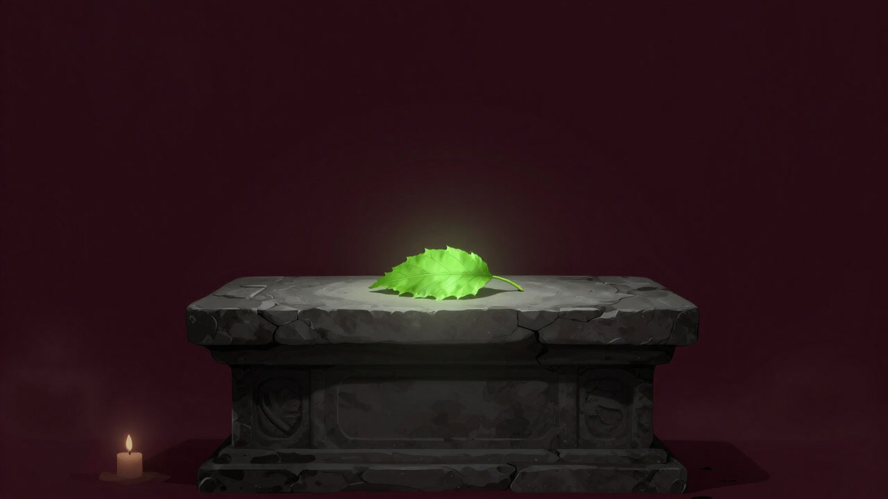 Illustration of a leaf glowing mysteriously on an ancient altar