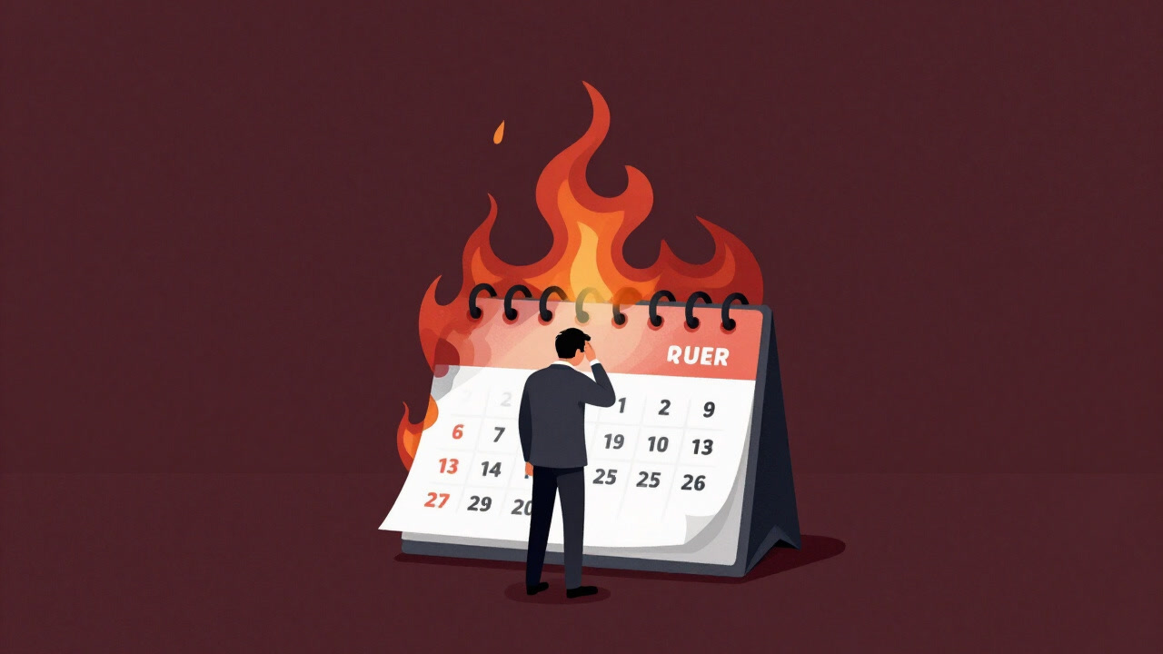 Illustration of a business person bewildered in front of a charred calendar engulfed in flames.