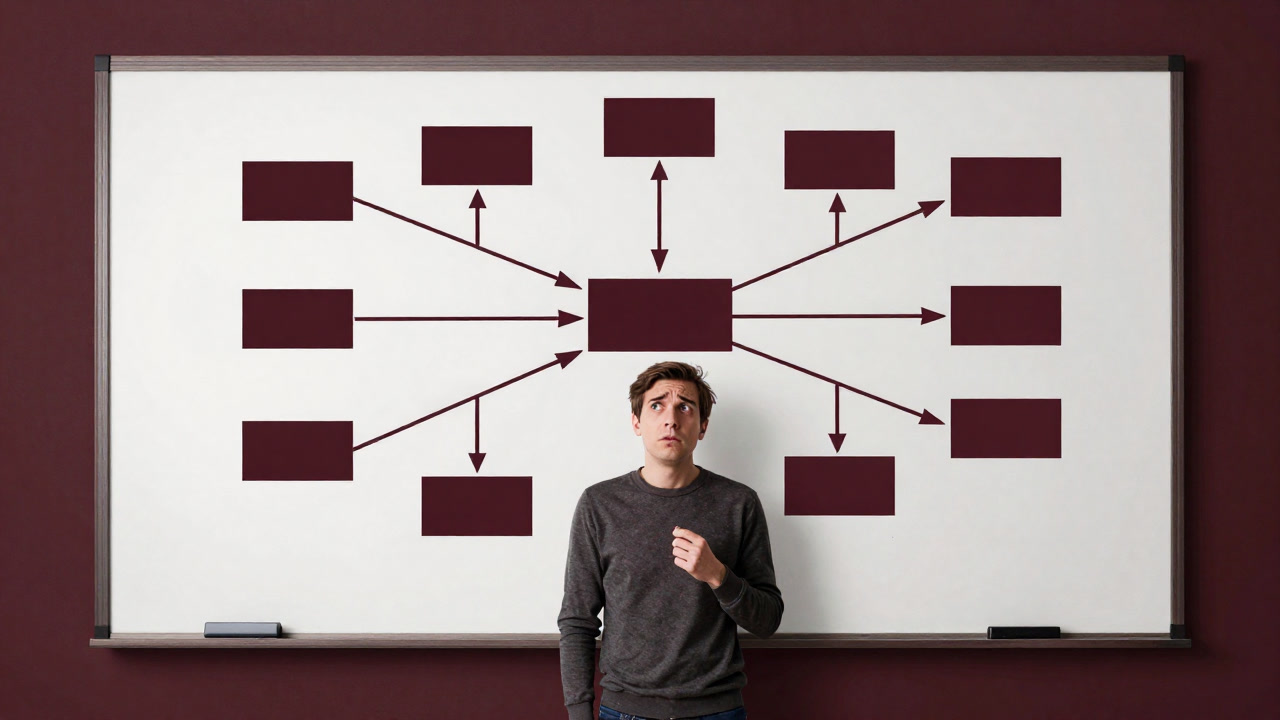 An engineer standing stunned before a whiteboard filled with a maze of boxes and arrows
