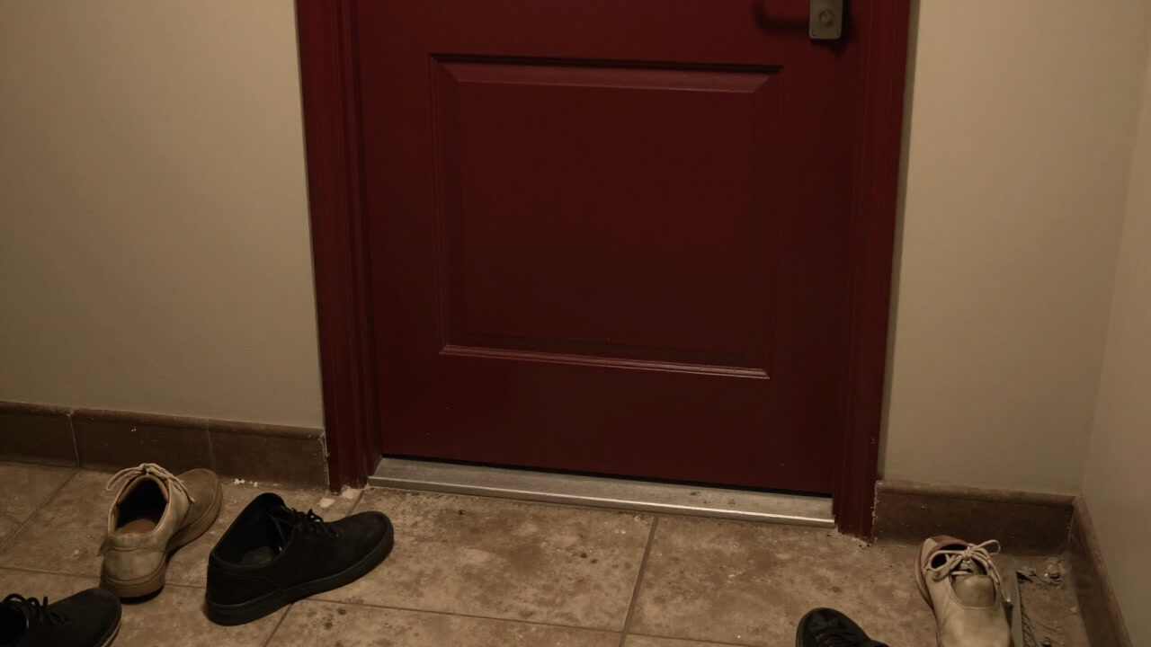 Image of a threshold dividing home and outside, showing discarded shoes and dusty floor