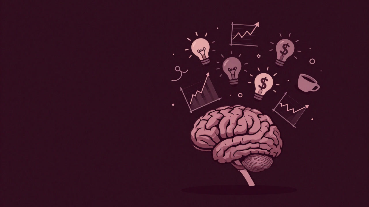 渦巻くアイデアとコーヒーカップに囲まれた脳のイラスト