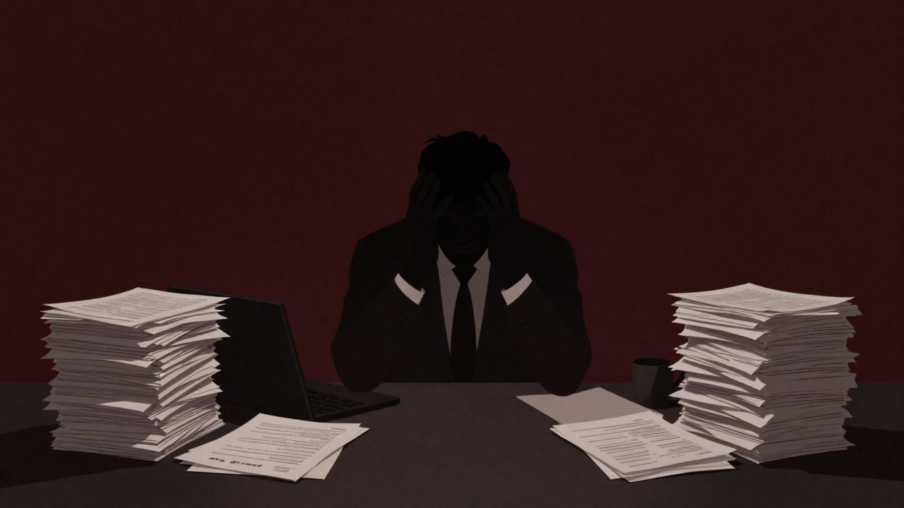 暗闇のオフィスでデスクに向かい、資料を山積みにして頭を抱える起業家のシルエットの画像