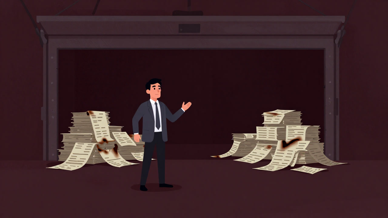 Illustration of an entrepreneur pitching for funding in a garage-like ruin, with a pile of burnt invoices stacked behind them.