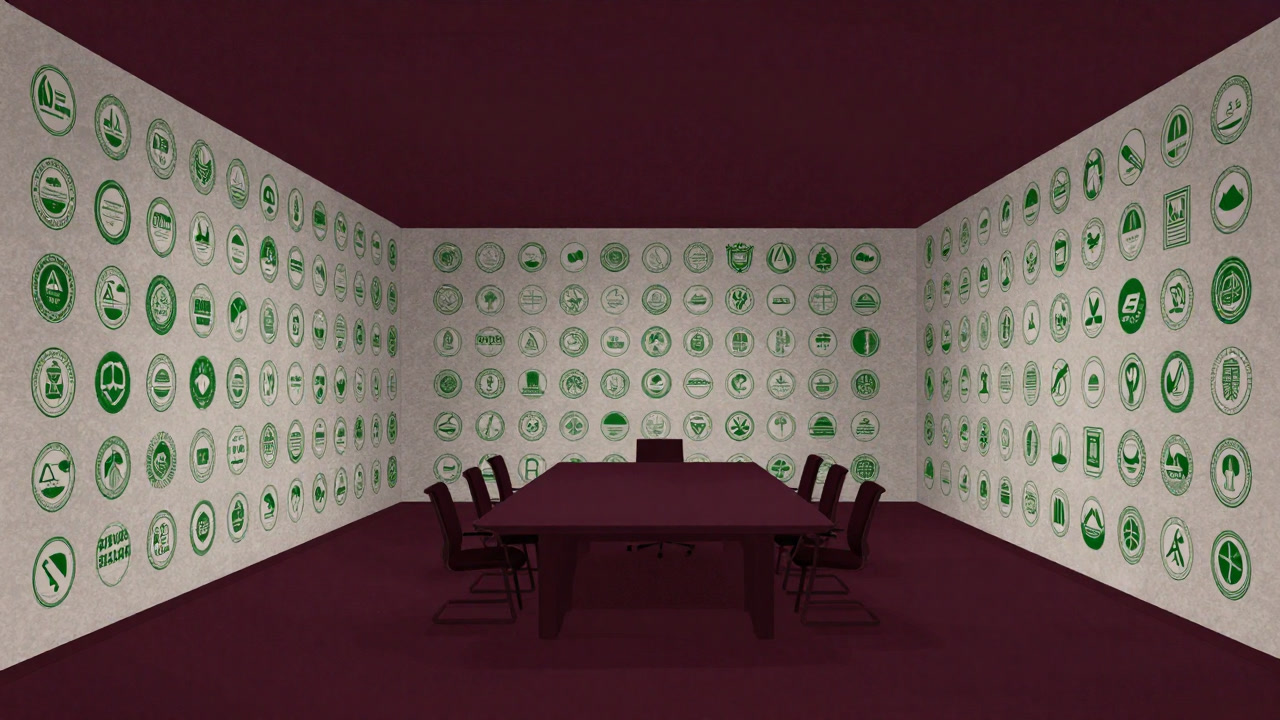 Image of a conference room wall covered creepily in green certification logos