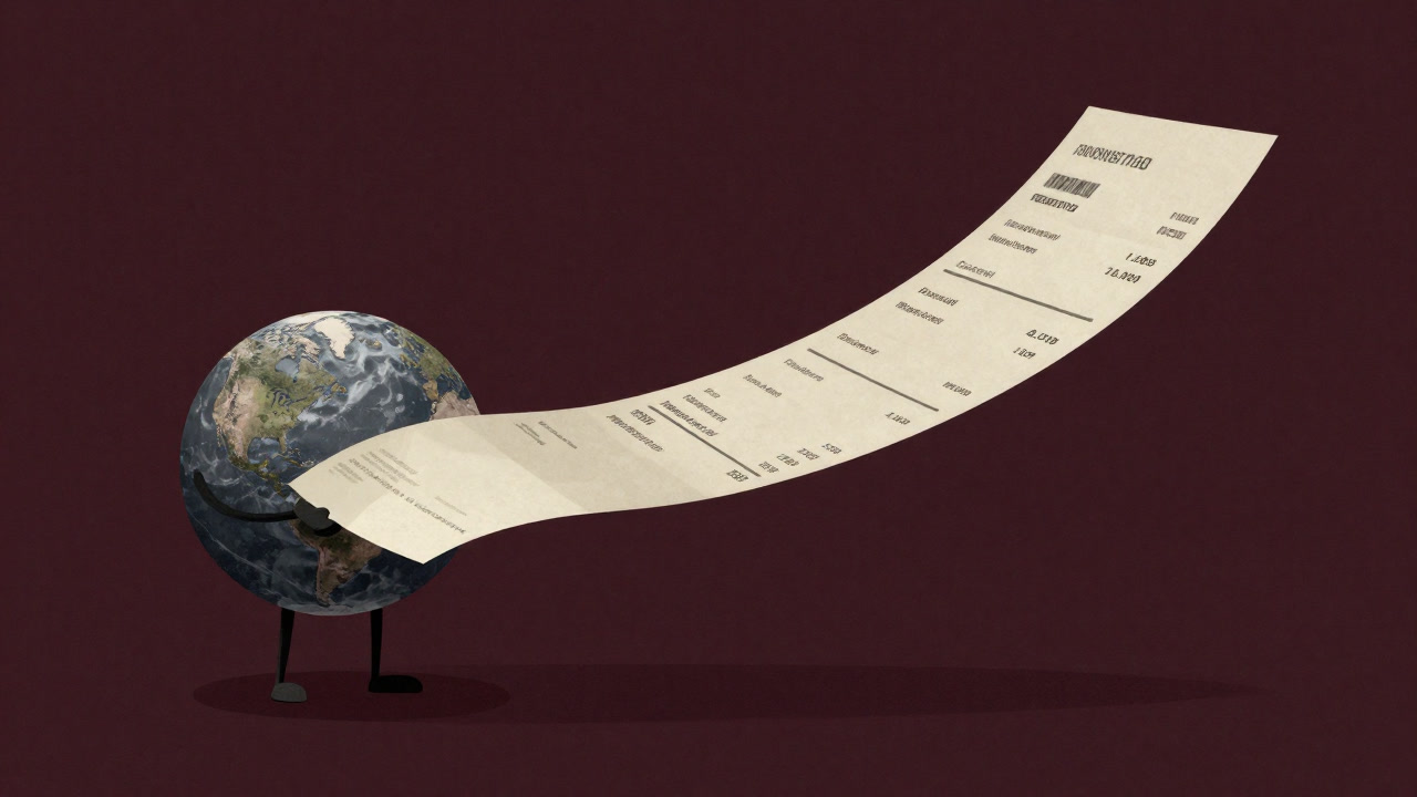 未来へ伸びる請求書を抱えた地球儀のイラスト