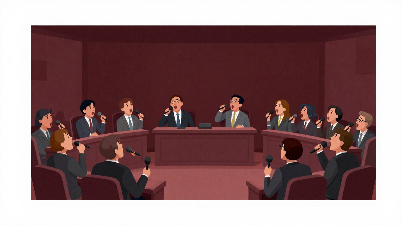 公聴会の会場で、マイクに向かって大声で主張する市民たちの群像
