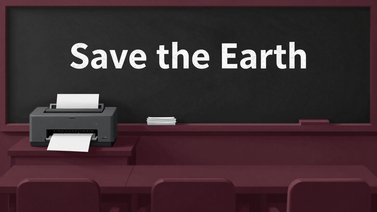 Classroom scene with 'Save the Earth' chalked on the blackboard