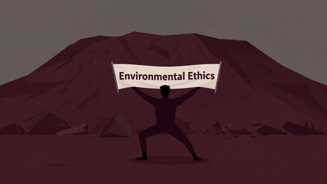 ゴミの山の前で環境倫理を掲げる人物のシルエット