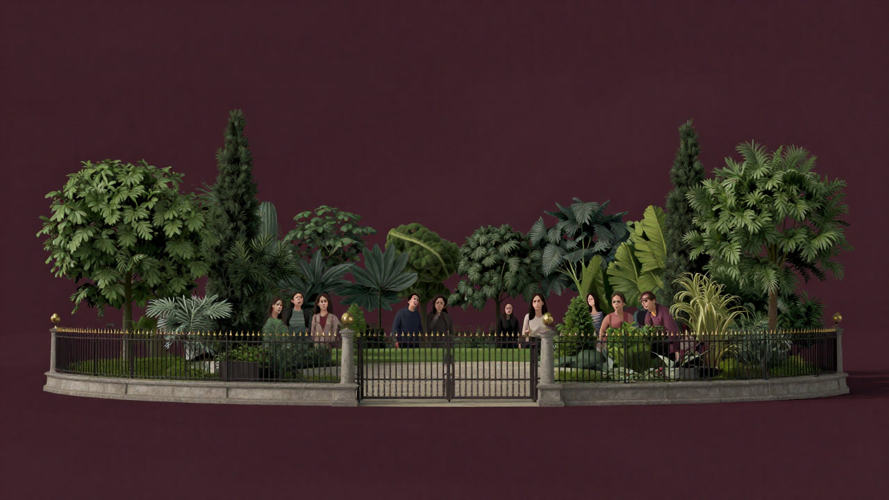 高級化したエコ公園のフェンスの向こう側で困惑する元住民たちのイラスト