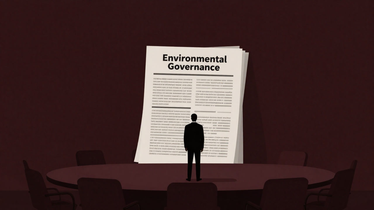 報告書の山が積み上げられ、虚ろな目でその前に佇むスーツ姿の人物のシルエットの画像