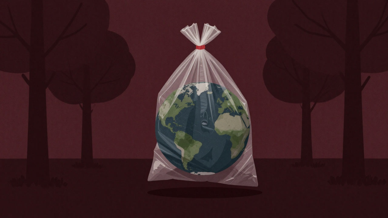 An illustration of an anthropomorphic Earth struggling to spread its arms among trees while being crushed by a plastic bag.